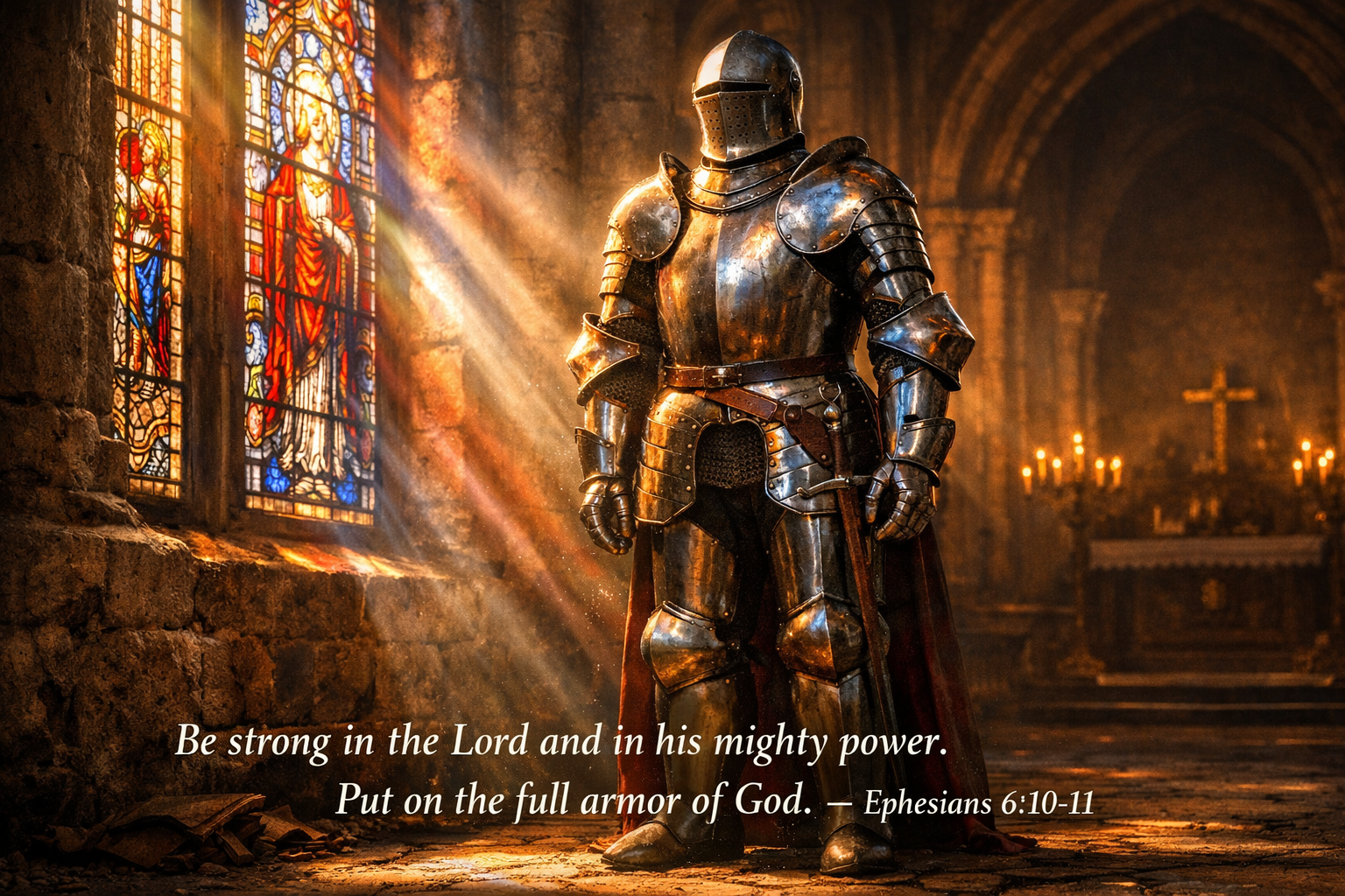 Bible verse wallpaper Ephesians 6:10-11 with empty suit of armor in cathedral with morning light through stained glass